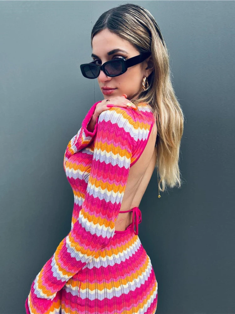 

Модное облегающее повседневное мини-платье с открытой спиной, сексуальные летние вязаные пляжные бандажные платья в зеленую полоску Y2K, роз...