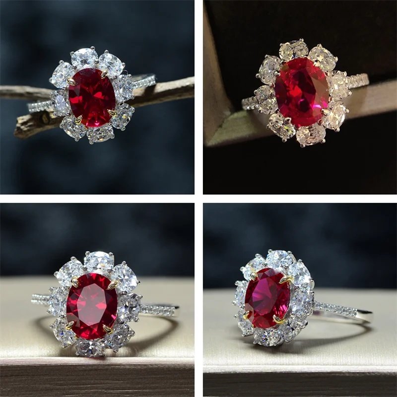 

Copper Inlaid Zircon Red Corundum Gemstone Ring Oval Pigeon Blood Red Color Ladies Wedding Ring High-end Temperament Jewelry
