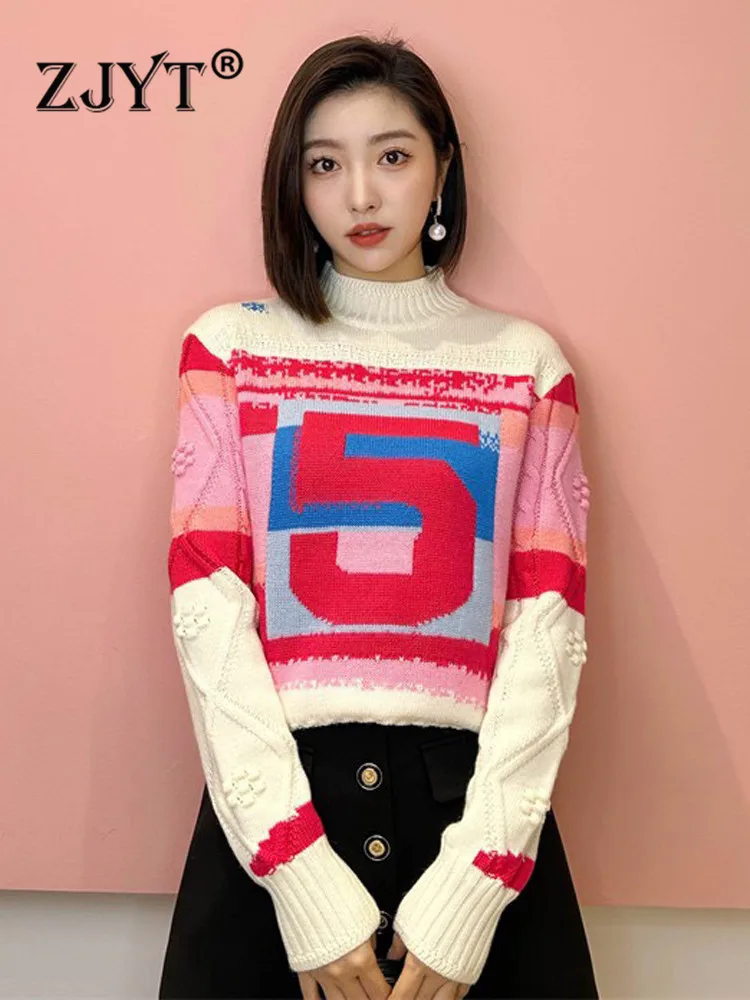 

Модные осенне-зимние свободные свитера ZJYT с цветными блоками для женщин, милые пуловеры с длинным рукавом, вязаные топы, базовые повседневн...