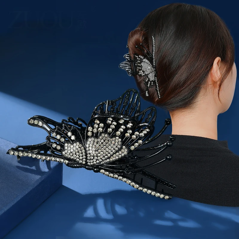 

Высококачественная заколка для волос со стразами в виде бабочки и краба, зажим для волос из сплава черного и золотого цвета, женская модная ...