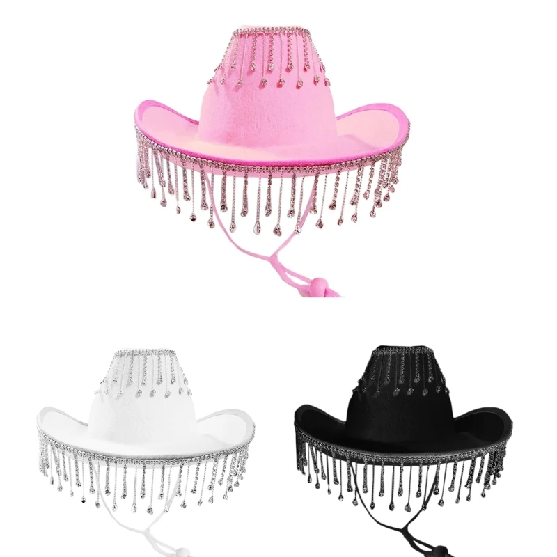 

Cowgirl Hat for Adult Cowboy Hat with Rhinestones Fringe Rave Hats Fit Most Women for Theme Party Black White Pink