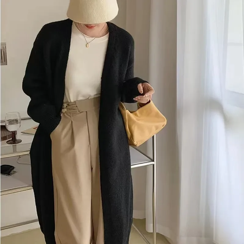 

Solid Long Cashmere Cardigan Coat Woman Sweet Fluffy Long Sleeve Sweater Winter Warm Loose Female Midi Knitted Clothing Korean