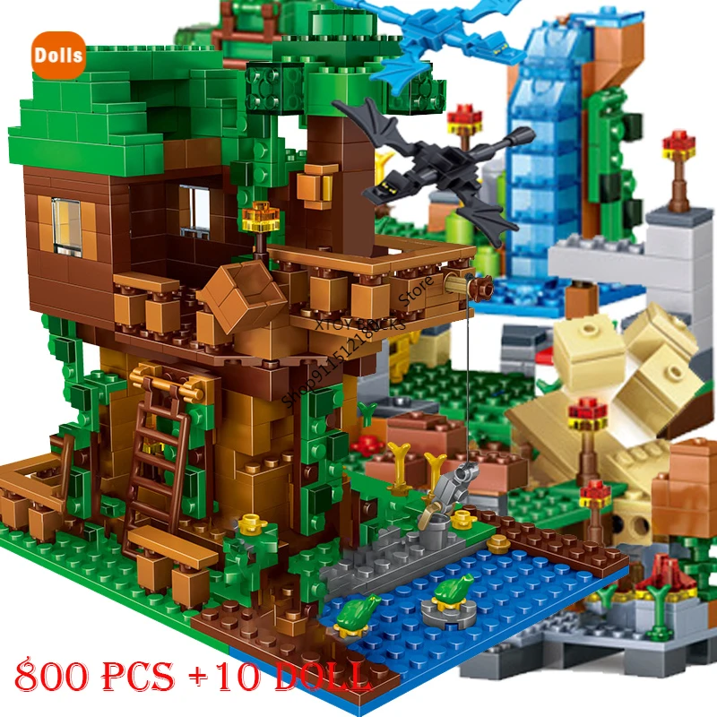 

1208PCS My Worlds Building Blocks The Mountain Cave Village Warhorse Tree House Elevator with Figures Bricks Toys Children Gift