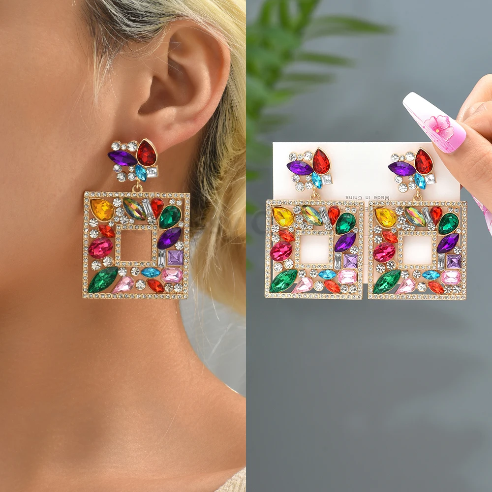 

Colorful Shiny Rhinestone Square Dangle Earrings For Women 2023 Luxury Fashion Party Geometric Vintage Jewelry Femme Pendientes