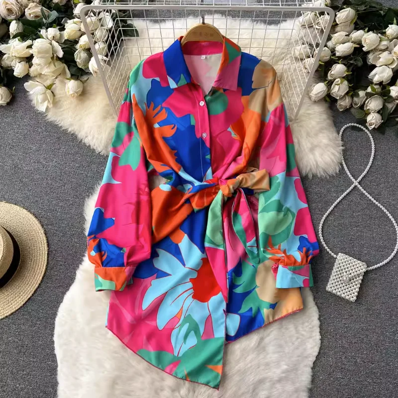 

Hikigawa Summer Floral Print Irregular Causal Women Dress All Match Bandage Shirt Dresses Chic Fashion Elegant Vestido De Mujer