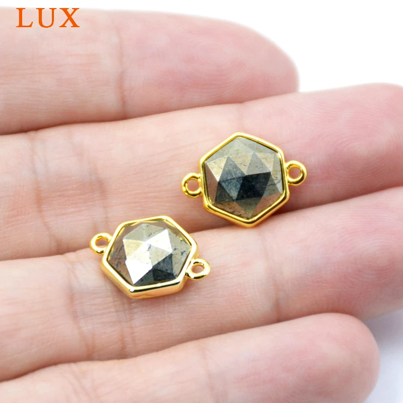 Natural Faceted Pyrite Gold Hexagon Gemstone Connector Really Plating Setting Jewelry Charms Double Bail Pendant | Украшения и