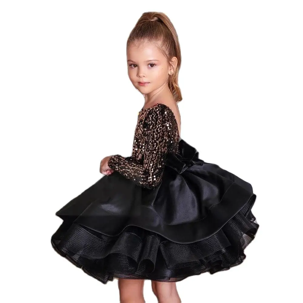 

2023 Black Baby Girl Birthday Dress Sequined Fluffy Flower Girl Dresses For Weddings Kids Princess Ball Gown Lush Dresses Girls