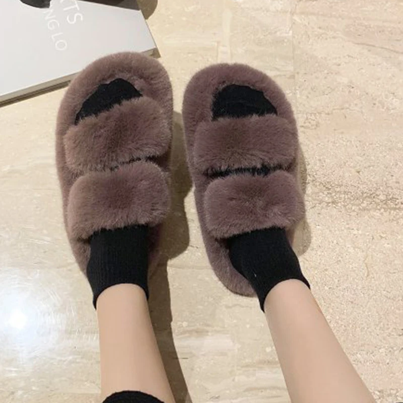 Autumn and Winter New Warm Plush Slippers Female Cute Candy Color Furry Open-toed Drag Outer Wear Fashionable Cotton Slippers