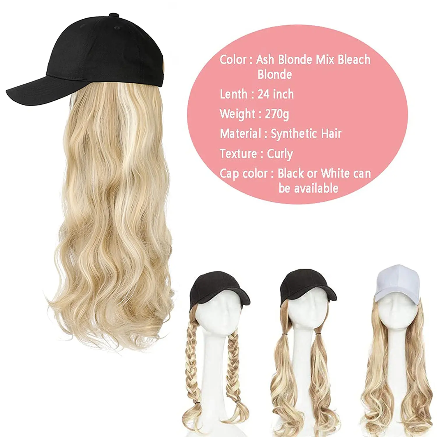 SHANGZI Long Wavy Synthetic Baseball white Cap whit Hair Wig Natural wigs Removable Naturally Synthetic Hat Wig For Girl