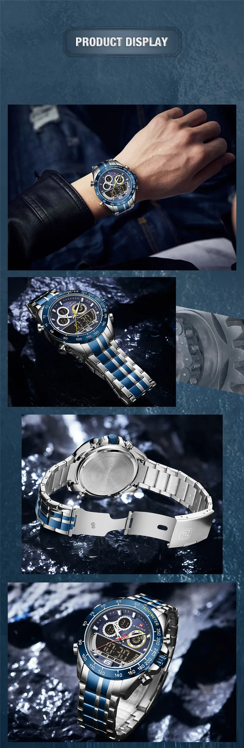 NAVIFORCE светодиодный мужские часы ведущей марки роскошные синие из нержавеющей