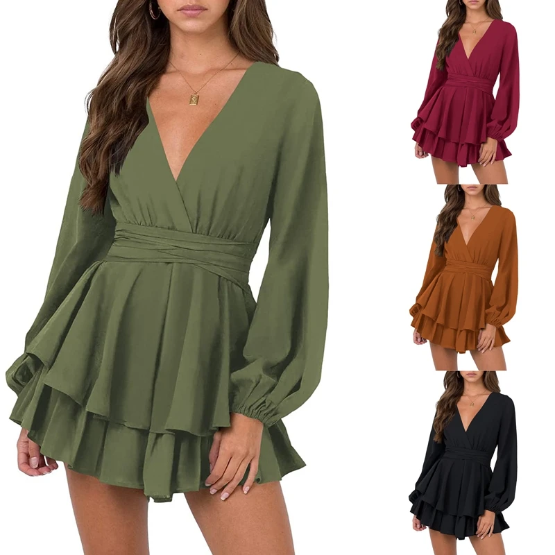 

Women Short Wrap Dress Multi-layered Ruffled Hem Elegant Deep V-neck Long Sleeve Dress for Party