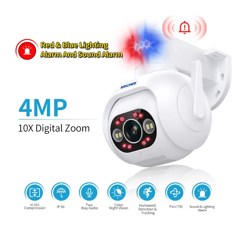 

ESCAM PT304 4MP humanoid detection & tracking WIFI connection blue & red lighting and sound alarm intelligent dual-light source