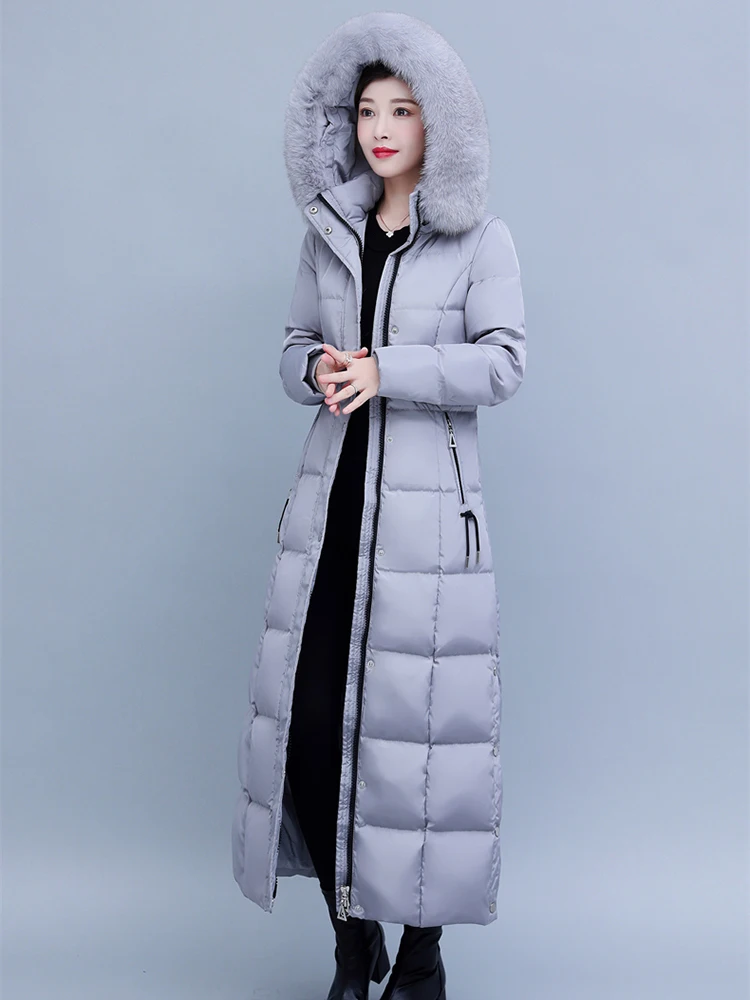 New Women Long Down Coat Winter Fashion Hooded Two-colour Real Fox Fur Collar Thicken Warm Lengthened Down Jacket Slim Overcoat