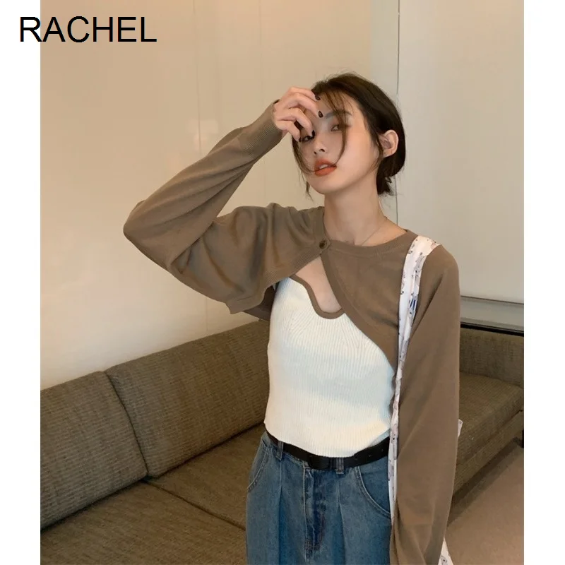 

Однотонный Вязаный Кардиган с длинным рукавом, женская одежда, весна и осень 2021, новый дизайн, нишевая короткая накидка, блузка, пальто