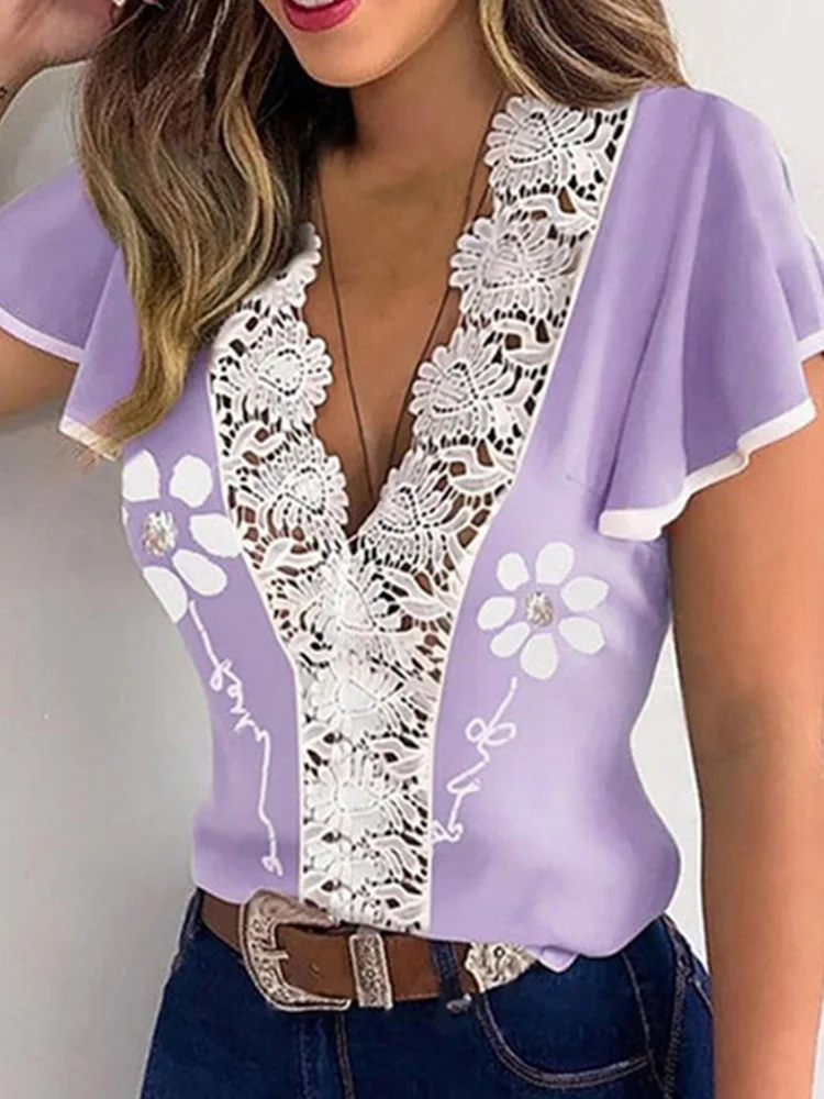 

Elegant Lace Embroidered Short Sleeve Women Blouse Sexy V-Neck Pullover Tops Blusa 2022 Summer Office Ladies Fashion Slim Shirt