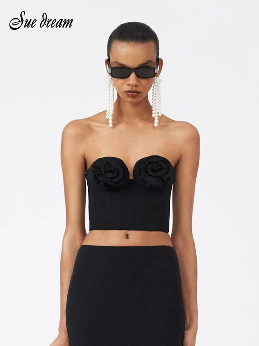 

2023 летний женский сексуальный черный без бретелек стерео цветочный бандажный укороченный топ с молнией Ночная Клубная одежда