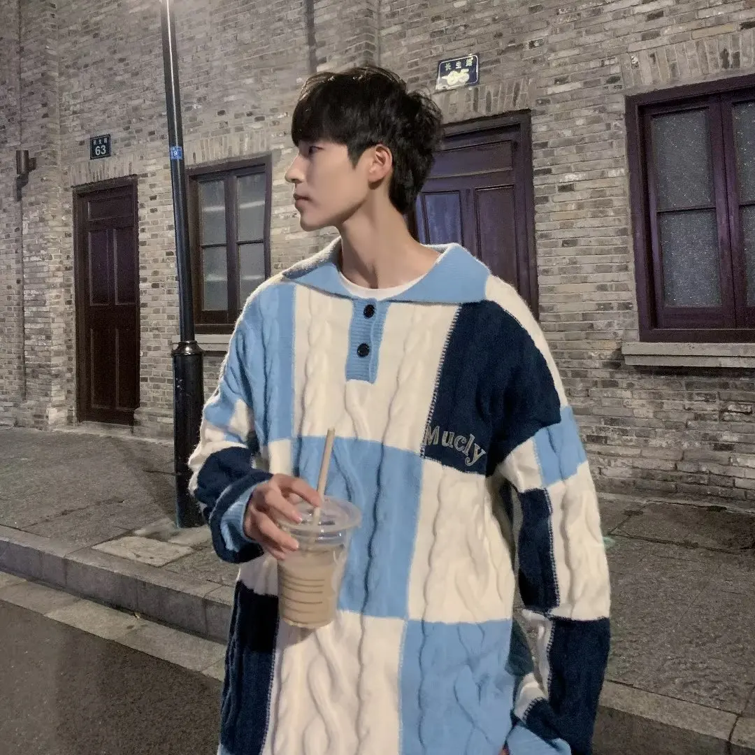 Свитера мужские молодежные жизненные повседневные осенне-зимние клетчатые