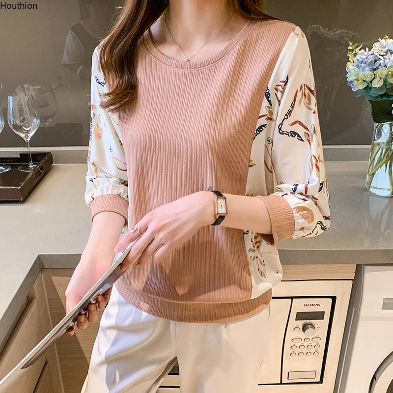 

Autumn New Women's Sweatshirts O Collar Long Sleeve Tops Printing Knit Stitching Casual Fashion Loose