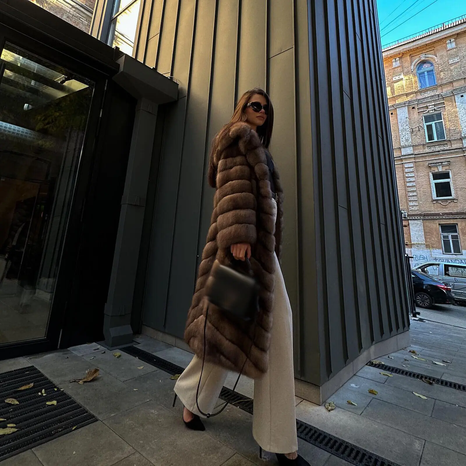 Женская мода собольного цвета пальто из натурального лисьего меха зимняя