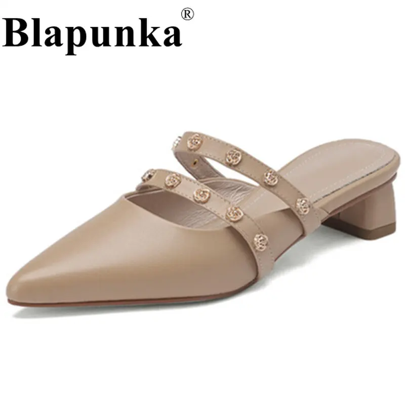 

Мюли Blapunka женские из натуральной кожи, шлепанцы без застежек, с острым носком, на низком каблуке, с металлическим цветком, золотистые, на лето