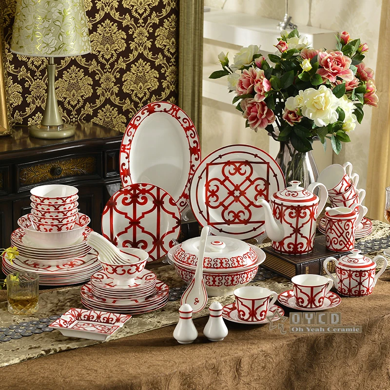 

Characteristic design red bone porcelain tableware set 58 sets of tableware 43 sets of coffee 15 sets
