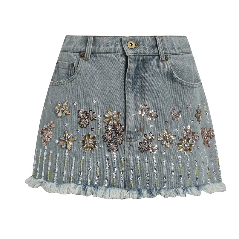 

Summer Luury Crystal Beaded Jean Skirt Women 2022 Brand Designers Elegant Highh Waist Mini Skirts Blue Denim Chaquetas Brand New