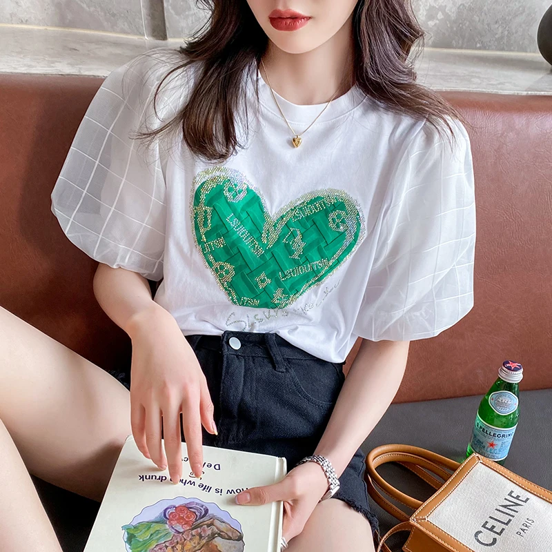 

2023 New Summer T-Shirt Women's Chic Sexy O-Neck Patchwork Shiny Diamonds Letter Love Tops Puff Sleeve Drilling Hot Tees 36128