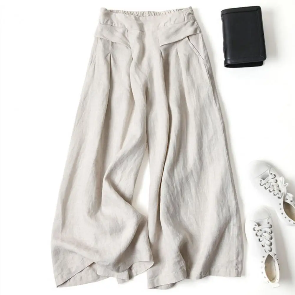 

Брюки женские с эластичным поясом, однотонные летние штаны с широкими штанинами, свободные брюки с глубоким шаговым швом и высокой талией