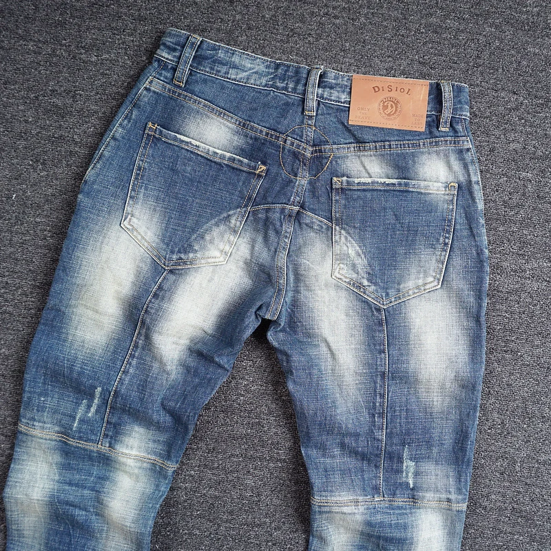 Street Fashion Vintage Men Jeans Retro Blue Stretch Slim Fit Spliced Designer Patch Ripped Jeans Men Hip Hop Biker Pants Hombre