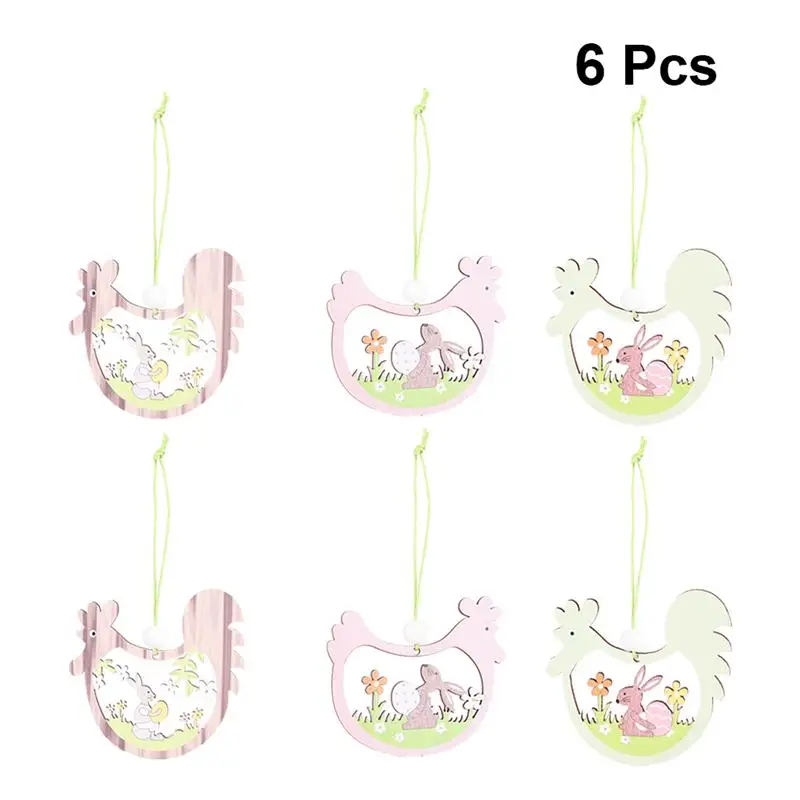 

6pcs Chicken Shaped Pendant Wooden Easter Rabbit Hanging Ornament Party Decor