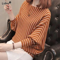 casual o neck loose cotton womens clothing striped batwing sleeve spring autumn korean all match comfortable leisure t shirts
