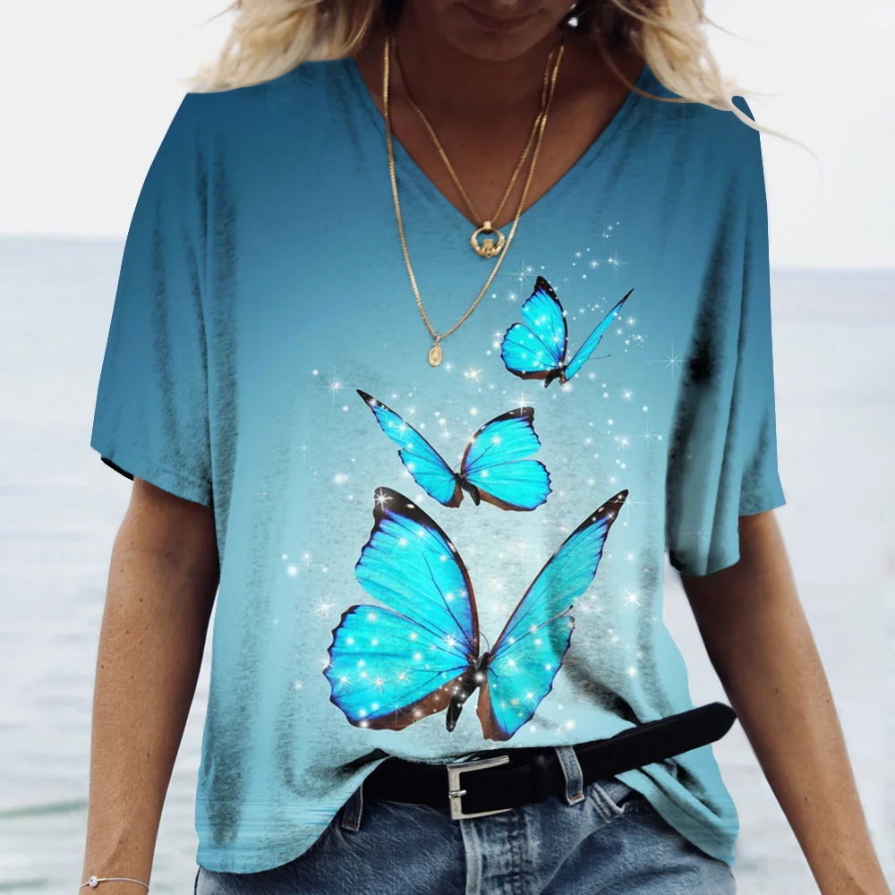 Summer New Fashion Women  V-neck Top Short Sleeve T-shirt 3D Butterfly Pattern Print Casual Street Versatility Y2K Oversize-5XL