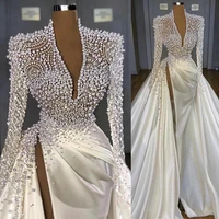 luxury long sleeve bridal wedding dress pearl mopping ball banquet party evening dress customized