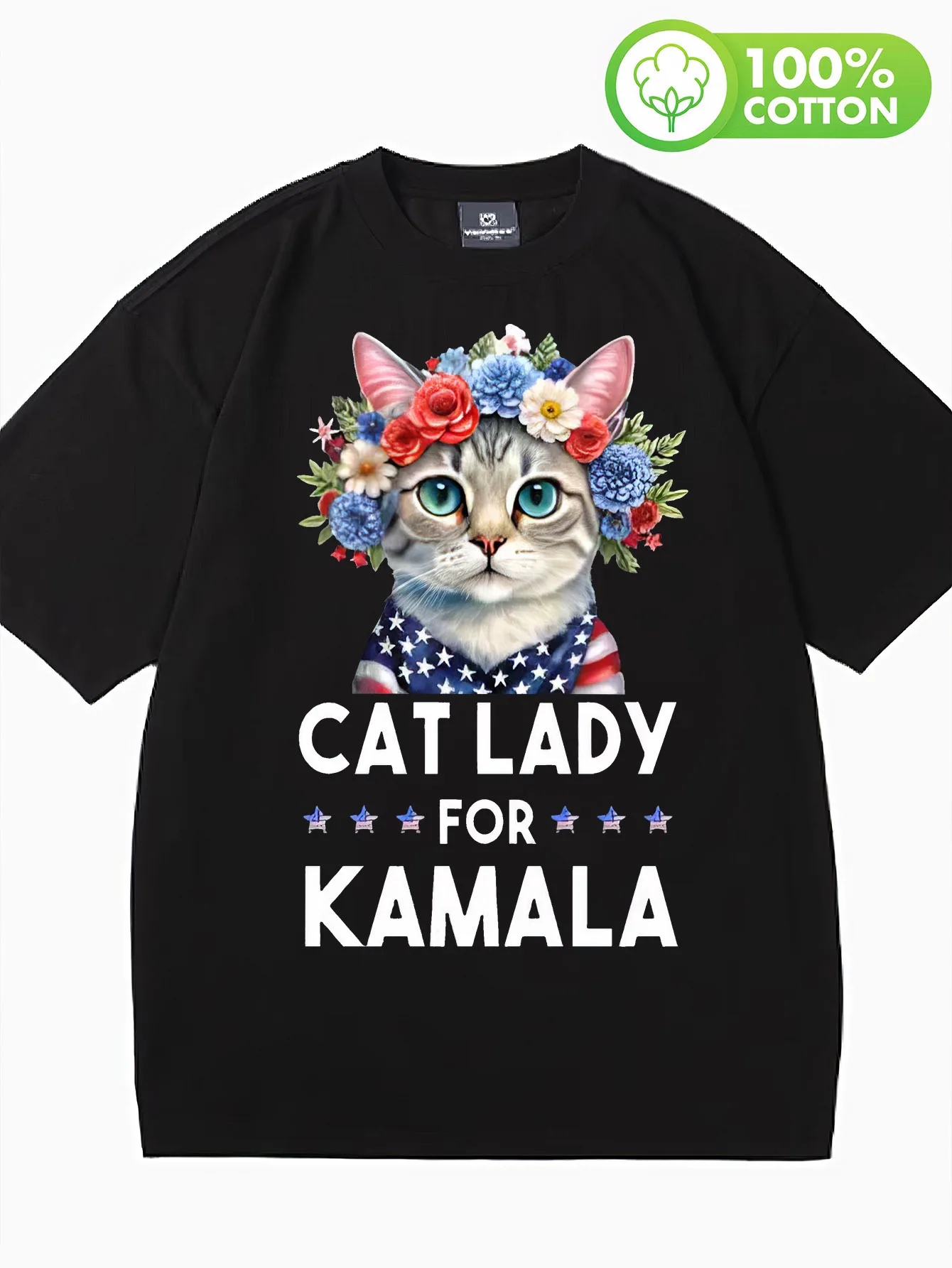 Large-size men's fun pattern printed short-sleeved T-shirt American kitten to Kamala looking for a cat woman comfortable casual