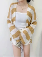 2022 new style women thin striped sweater cardigan fashion long sleeve v neck loose casual knitwear coat ladies korean clothes