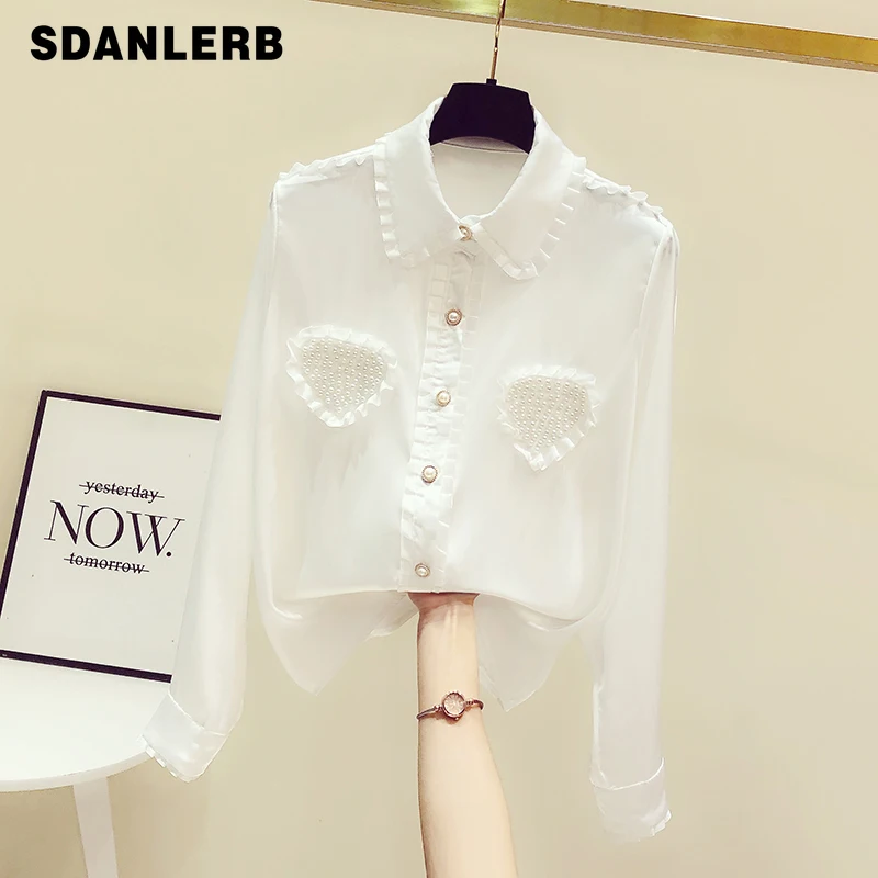 

2022 Spring New Heavy-Duty Beaded Pleated Sweet Blouse Doll Collar Single-Breasted Long Sleeve Satin Shirt Women's Fashion Tops