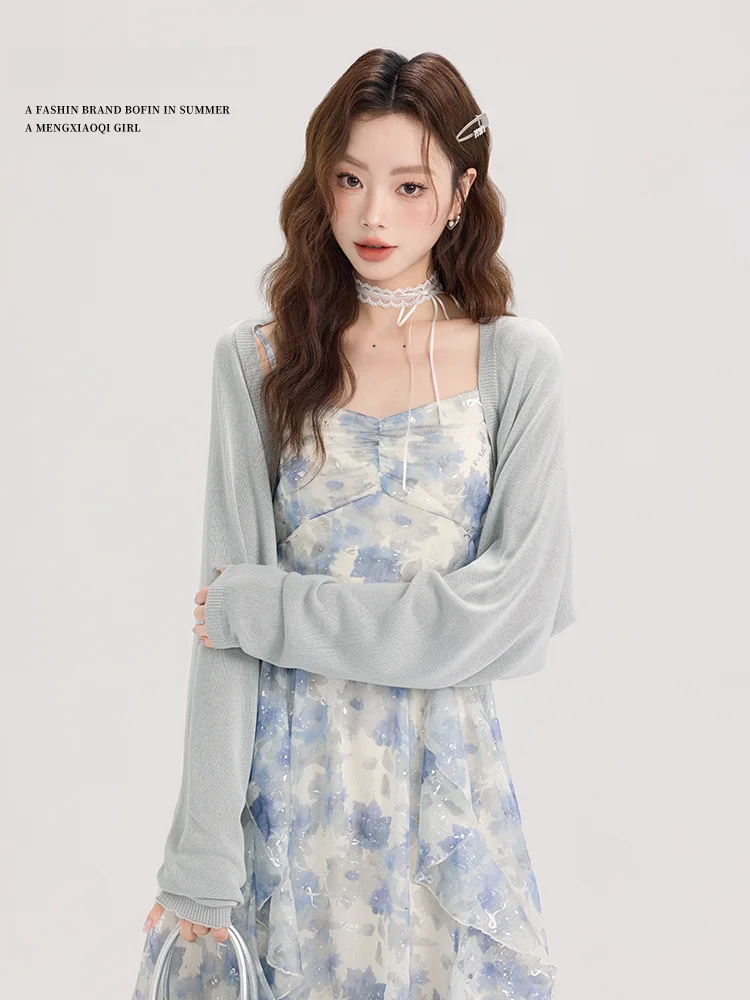 Короткий синий кардиган Meng Xiaoxiao для защиты от солнца женская летняя тонкая юбка