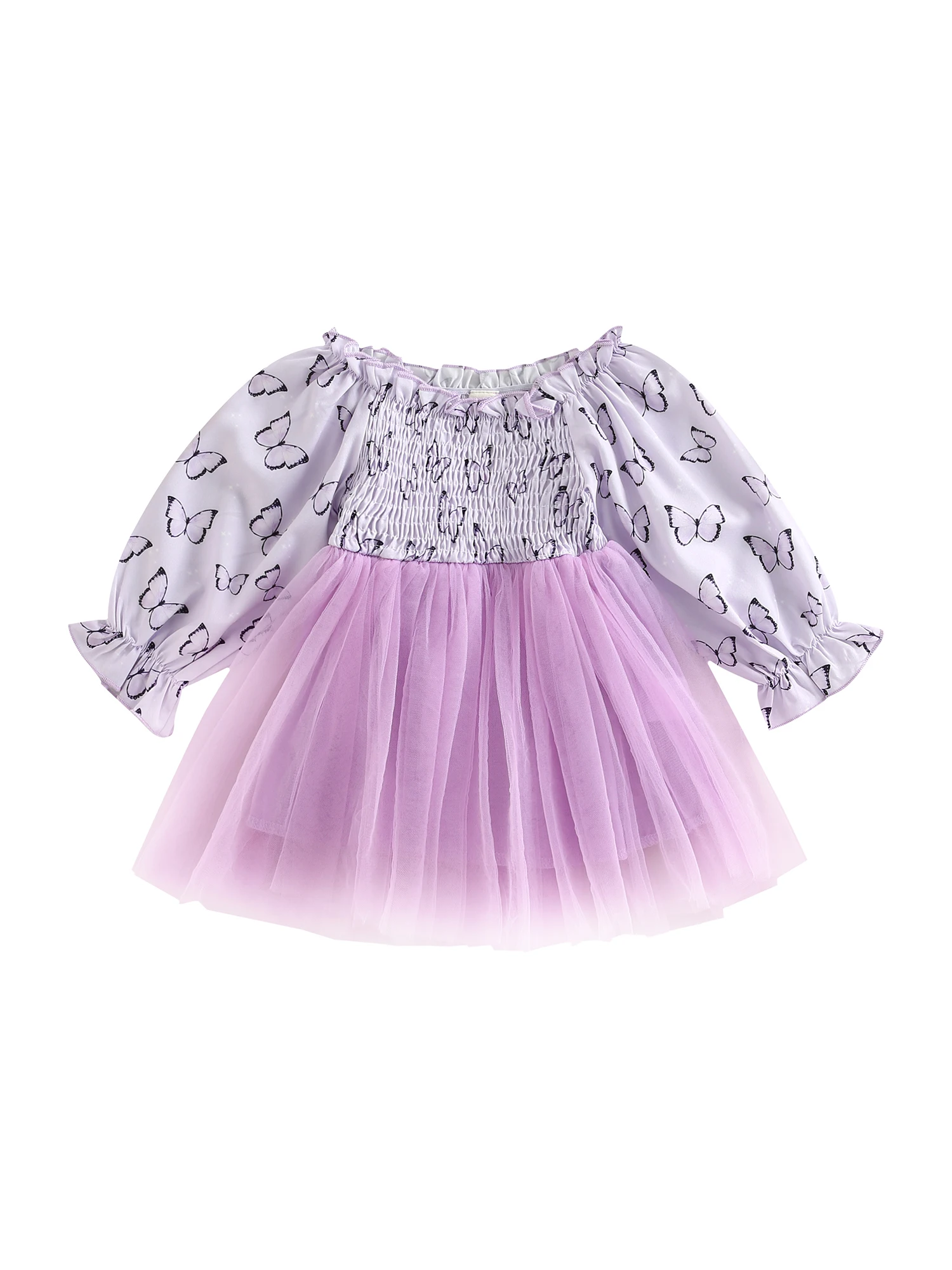 

Baby Toddler Girls Autumn A-line Dress Long Sleeve Floral Butterfly Print Tulle Patchwork Dress
