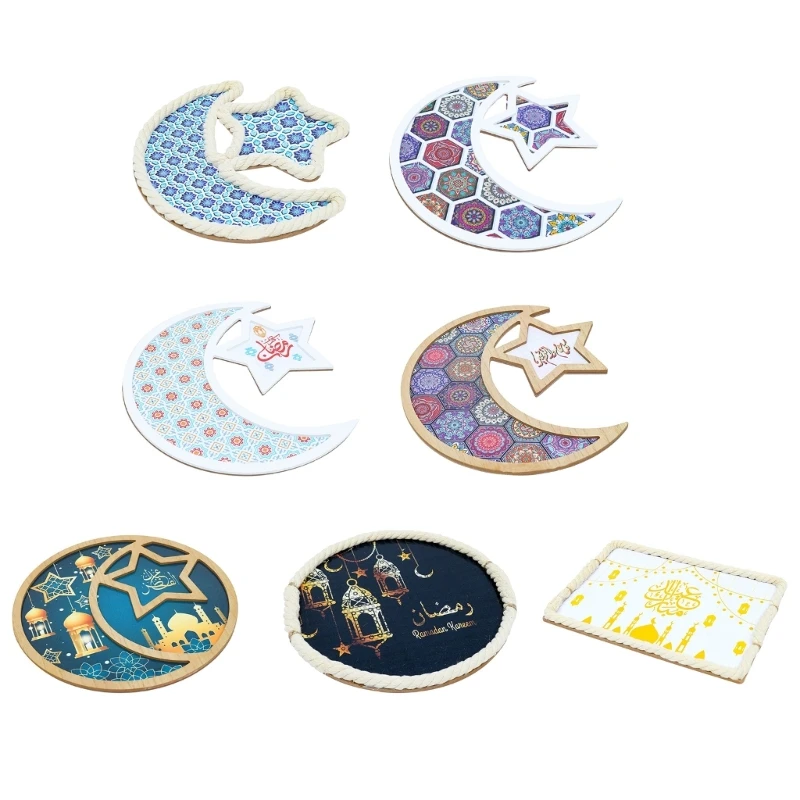 

Деревянный поднос для десертов Eid Mubarak, поднос для кондитерских изделий Eid Moon Star Eid для дома Eid Mubarak, Подарочный поднос для десертов, празднивеч...