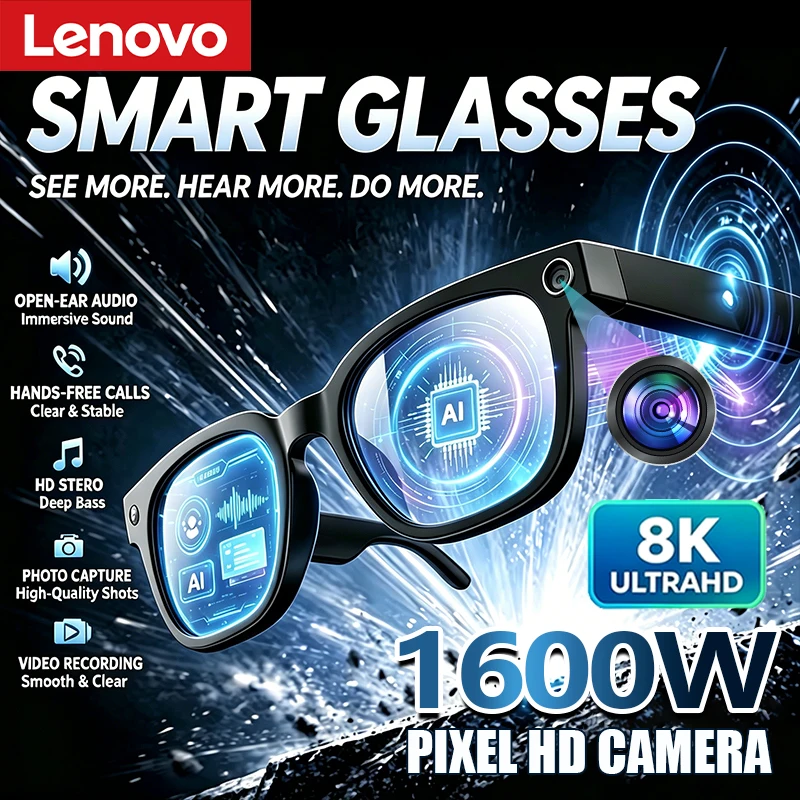 Фото Умные очки Lenovo AI 8K с дистанционным управлением, сенсорным управлением камерой, записью видео, функцией перевода, голосовым помощником и беспроводным Bluetooth-подключением №1