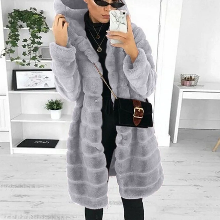

Women's Leather Fur Coat Mid-Length Loose Plush Hooded Coat Imitation Fur Autumn and Winter Warm Coat Faux Fur Coat