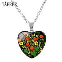 classic folk flower pattern heart pendant necklace flower glass cabochon dome women choker necklace souvenir gift fl34