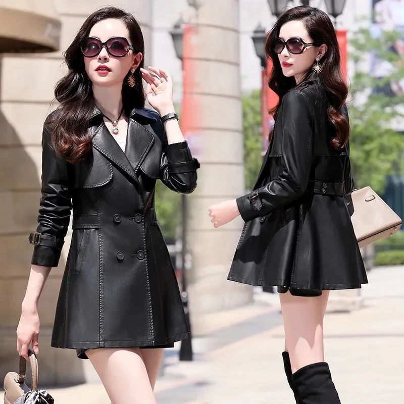 

2022 New Autumn Women PU Leather Jacket Faux Soft Coat Long Coat Slim Double-breasted Overcoat Female Black Motorcycle Jackets