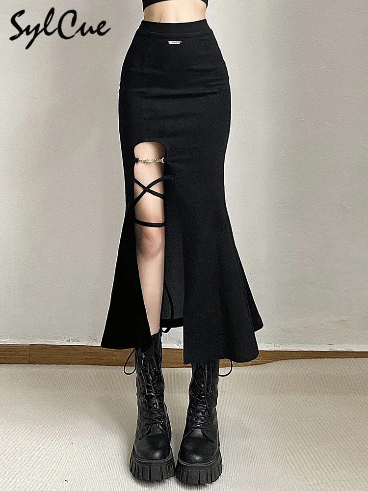 

Sylcue Black Sexy Mysterious Royal Sister All-Match High Street Design Trend Mature Cool Slit Women's Flared Skirt Girl
