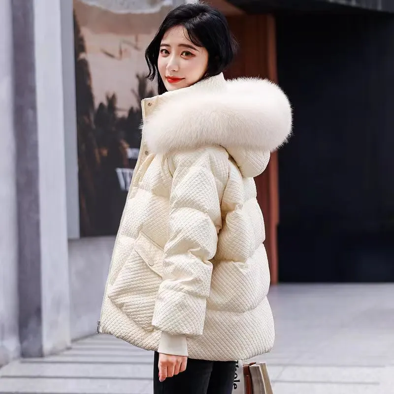 Hooded Women Windbreaker 2023 Winter Korea Fashion Down Cotton Coat Women Plush Coat White Jacket