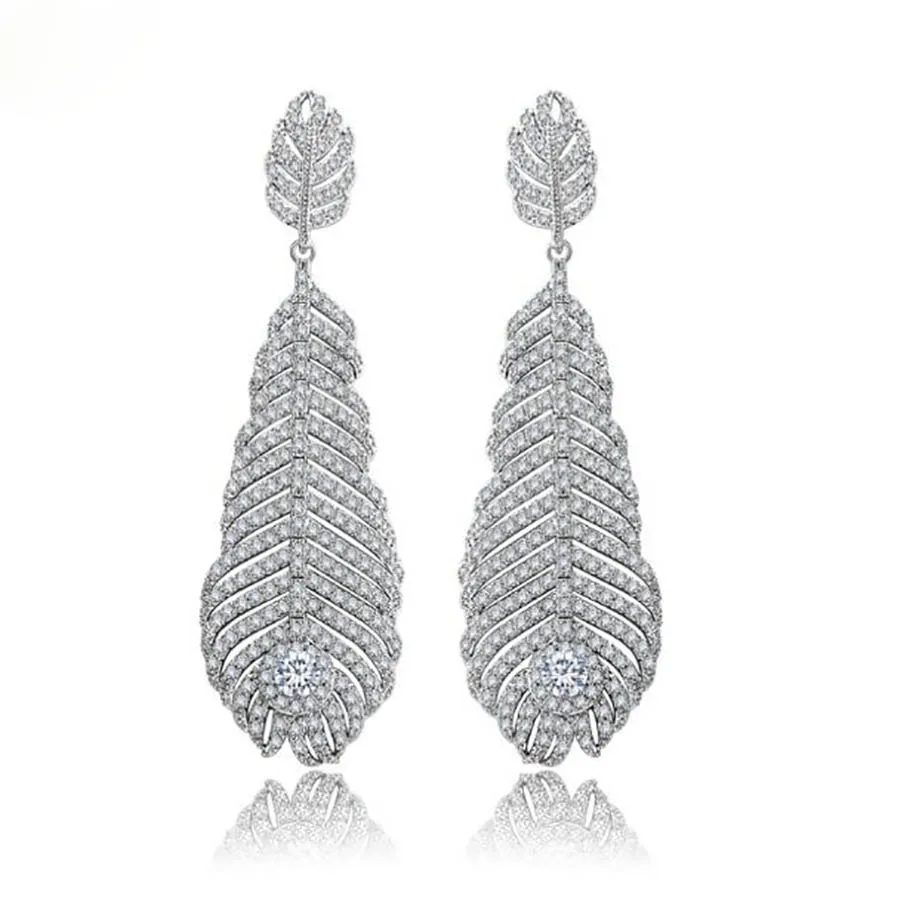 

Long feather white zircon bridal wedding earring women luxurious shiny fashion jewelry for banquet party