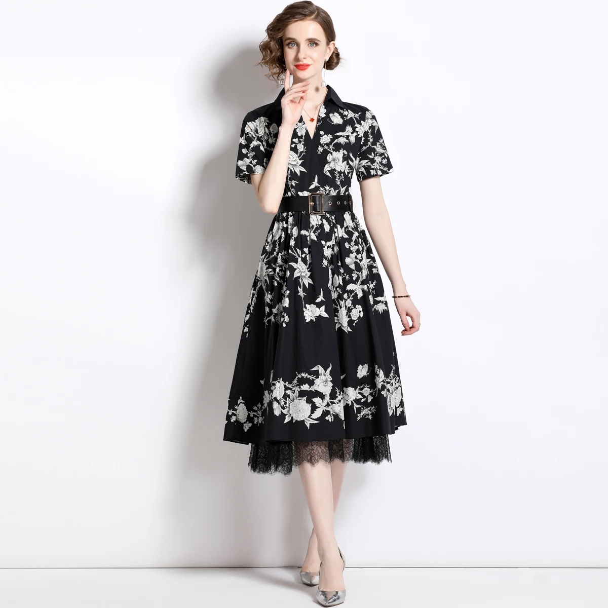 

Женское дизайнерское платье-трапеция, модельное платье миди с V-образным вырезом, коротким рукавом и винтажным принтом, платье с кружевным подолом и поясом, летние халаты для женщин, T60