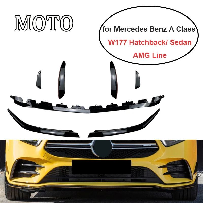 

7 шт. для Mercedes Benz A Class W177 A180 A200 A220 A35 AMG Спойлер для губ Плавник Передний бампер Диффузор Боковой разветвитель 2018 +