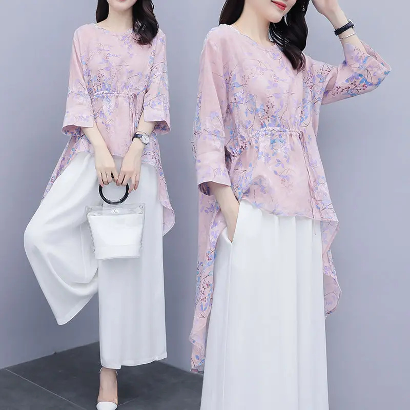 

Женские костюмы из 2 предметов, летние свободные брюки с широкими штанинами и шифоновые топы с коротким рукавом и принтом, повседневные Кост...