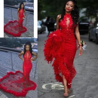 sexy red mermaid prom dresses with feathers 2019 vestidos de gala robe de soiree lace sequined beaded african evening prom dress